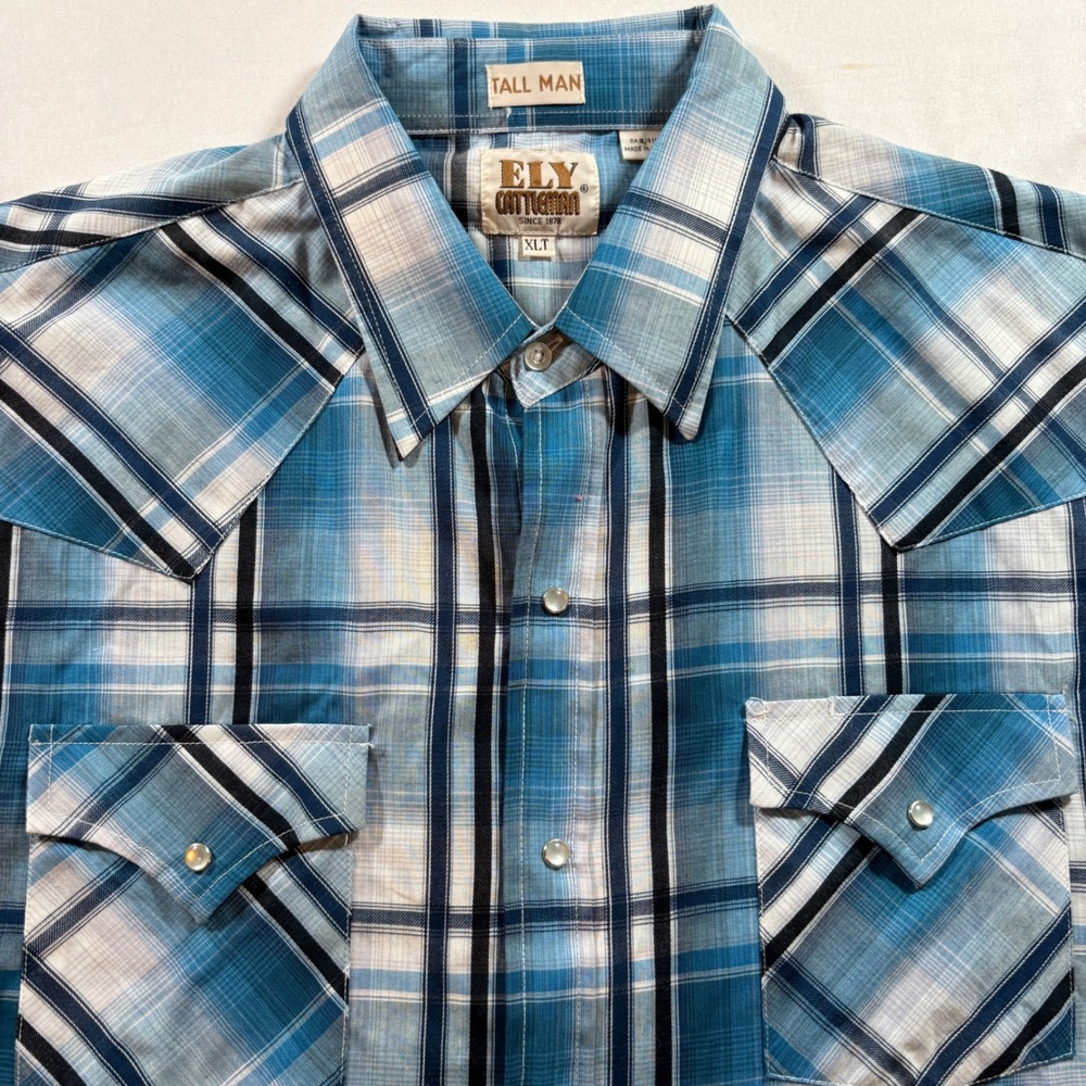 Ely Cattleman Western Shirt Mens XLT Blue Plaid Pearl Snap Tall Man Short Sleeve